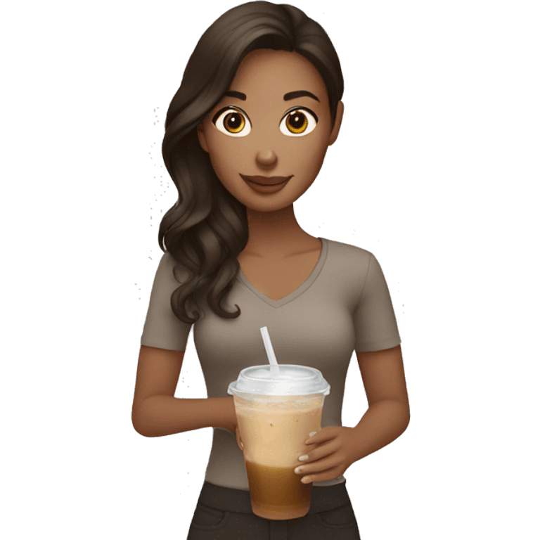 brunette with iced coffee emoji