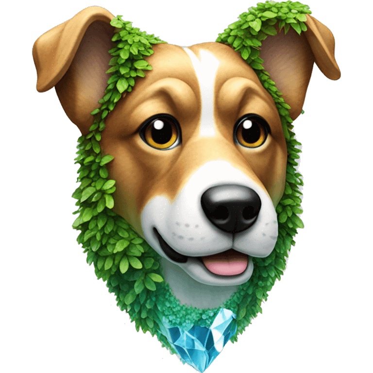 A dog made entirely of glass mirror crystals prisms glass transparent filled with plants as a terrarium emoji