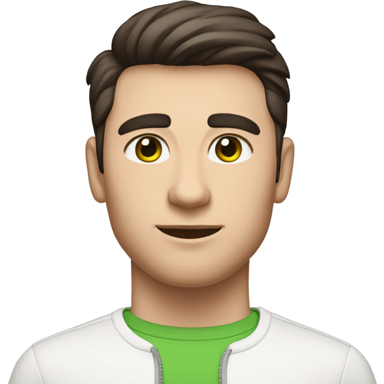 Man with short, dark brown hair with a minimal quiff and green eyes. Have friendly expression, be dressed in a white elegant shirt, and be shown with AirPods and MacBook emoji