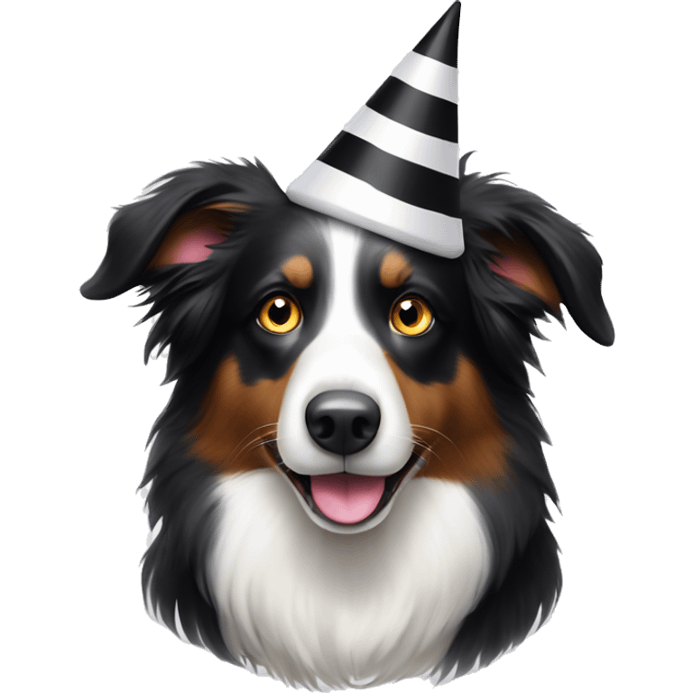 An elderly black and white border collie with white around both eyes and a black stripe down the middle of her face wearing a party hat. emoji