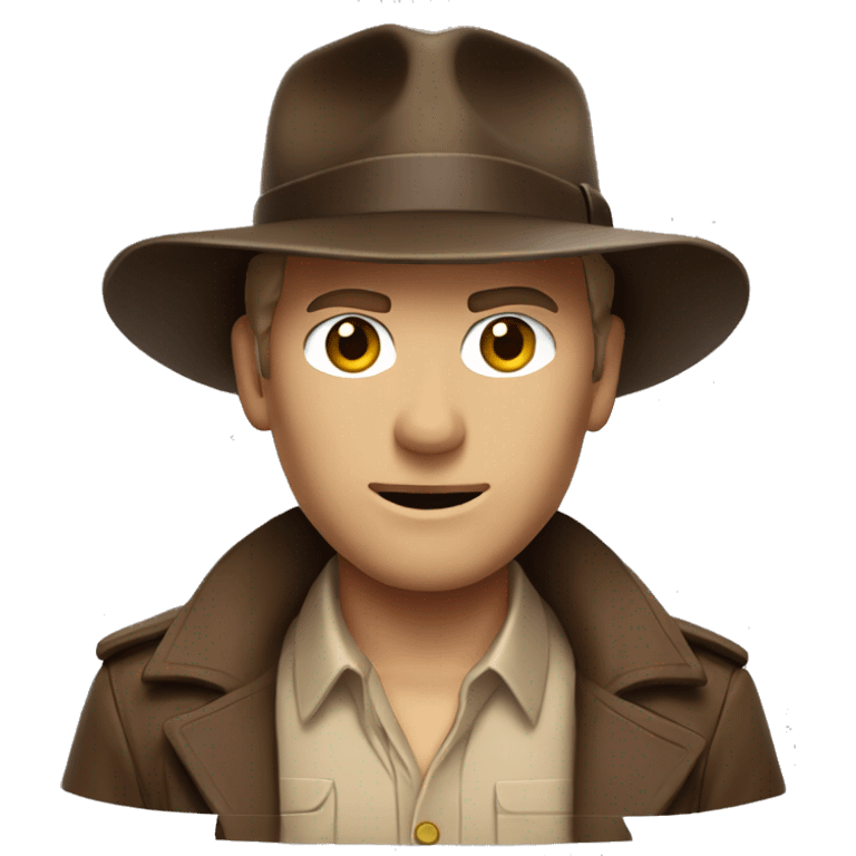 White Indiana Jones with a dark brown jacket and a brown hat, beige shirt emoji