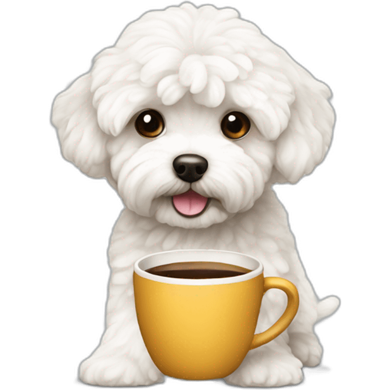 A white maltipoo with a cup of coffee emoji