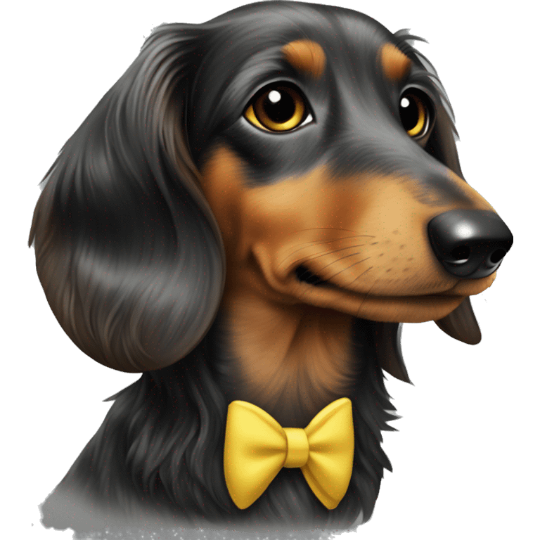 Black long haired dapple dachshund in a yellow suit emoji