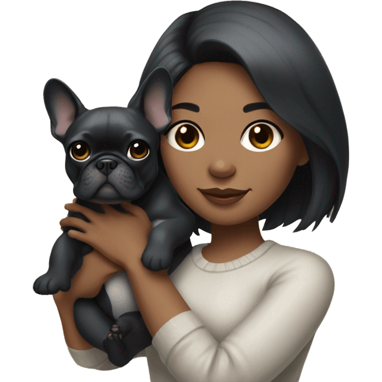 A girl with bear skin, black hair, medium length holding a gray French bulldog emoji