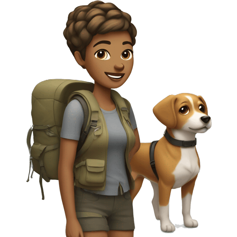 Light brown woman pixie cut hair hiking with dog emoji