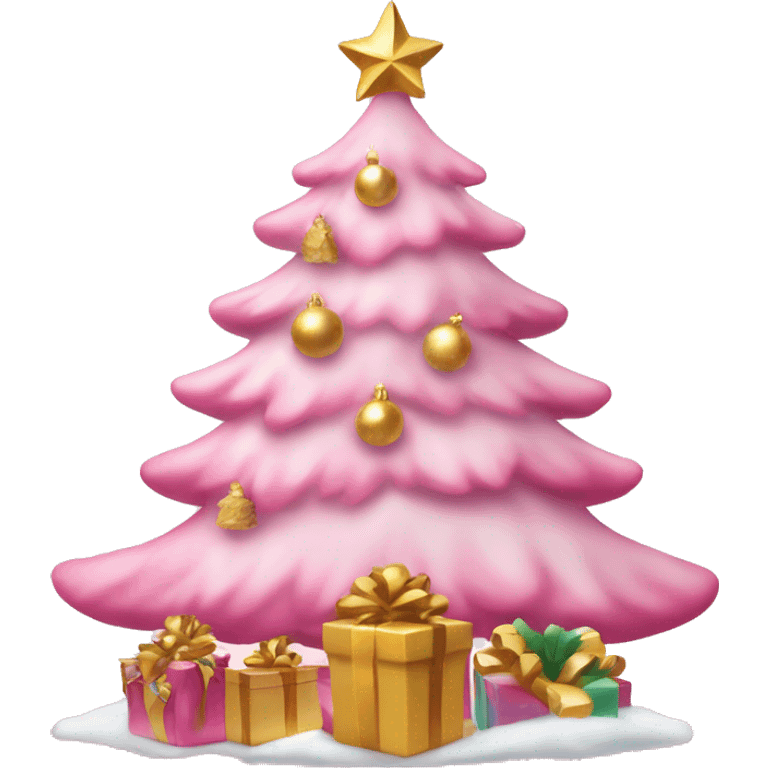 pink christmas tree frosted with presents and gold emoji