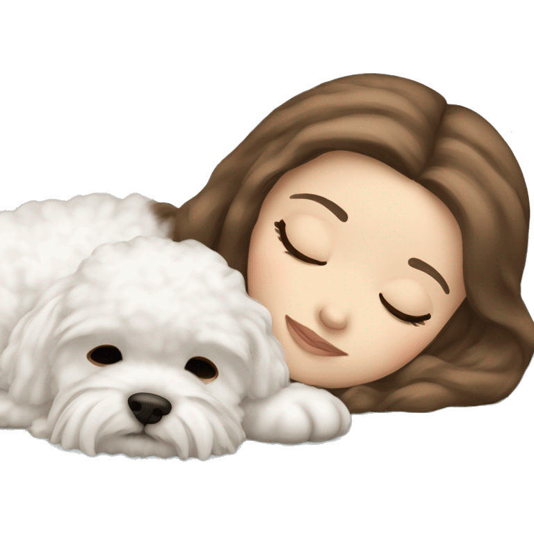 White girl brown hair sleeping with Mini Bichon emoji