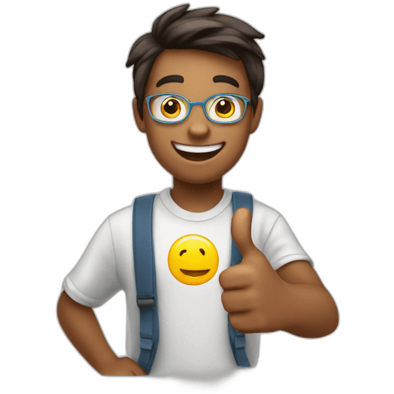 a cheerful student giving a thumbs up to an progress chart emoji