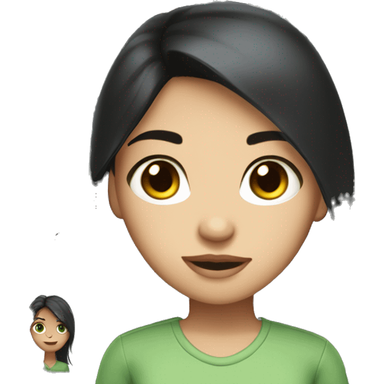 Girl, long straight black hair, big brown eyes, white skin, eyelashes, green shirt emoji