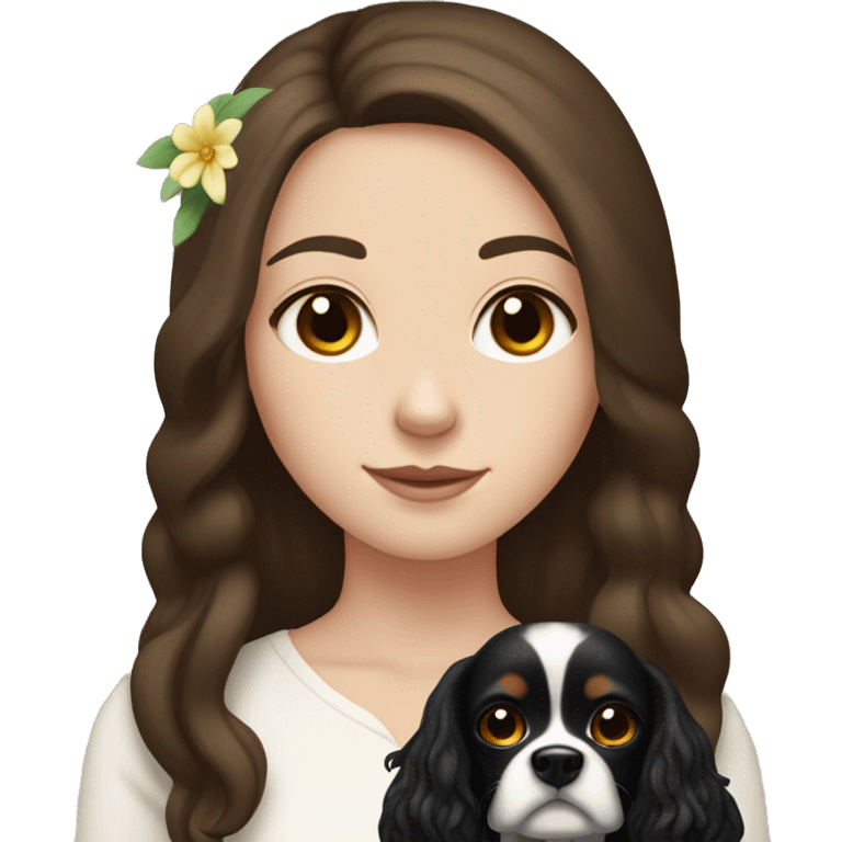 pale skin girl with long dark brown hair that had a flower in her hair  holding a black and brown cavalier dog  emoji