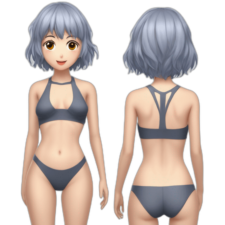 realistic full body rei ayanami nue short hair teen back and front views bikini emoji