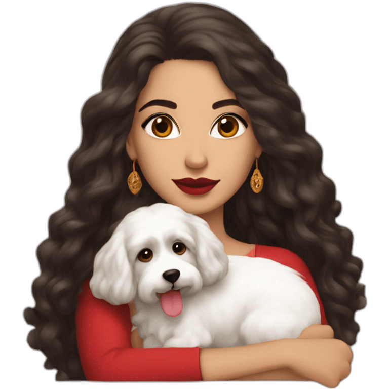 young moroccan woman with dark brown eyes, dark long curling hair, red lips, 2000's outfit and a white cotton of tulear dog on her laps emoji