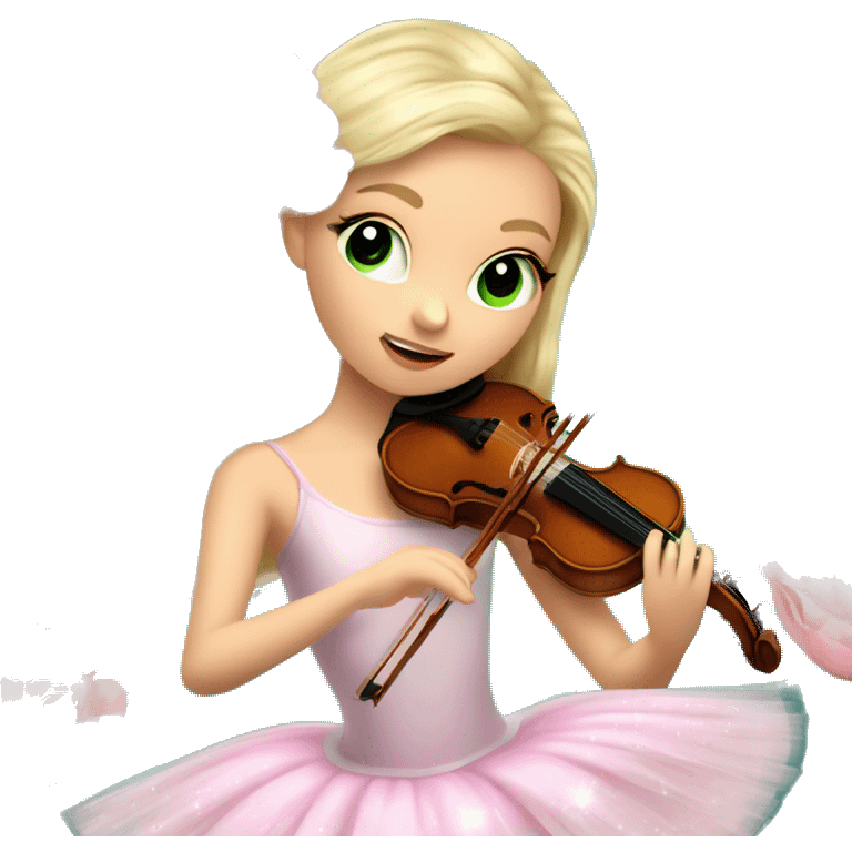 ballet blonde with skin girl with green eyes and soft pastel tutu playing violin with peonies and sparkles realistic coquette emoji