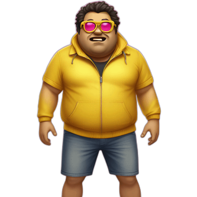 fat man with dark hair,a vibrant long yellow jacket, pink glasses, short jeans shorts. Show full lenght peson, person fighting a monster emoji