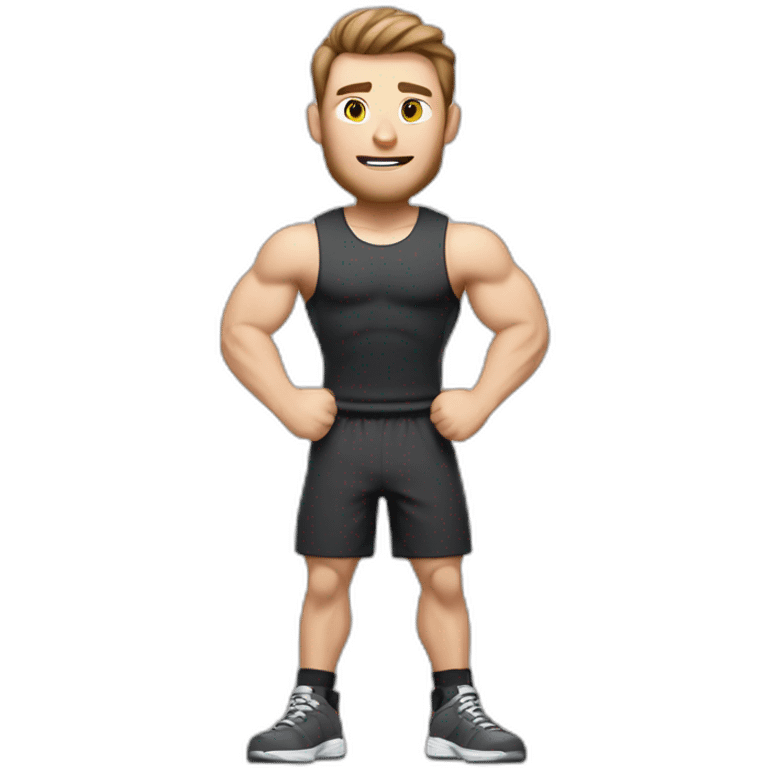 Close up Actively gesturing  with hands Pale skinned Fit Man With the biceps and brown hair in dark gray Sleeveless Mike, black oversize sports shorts, watch and white Sneakers emoji