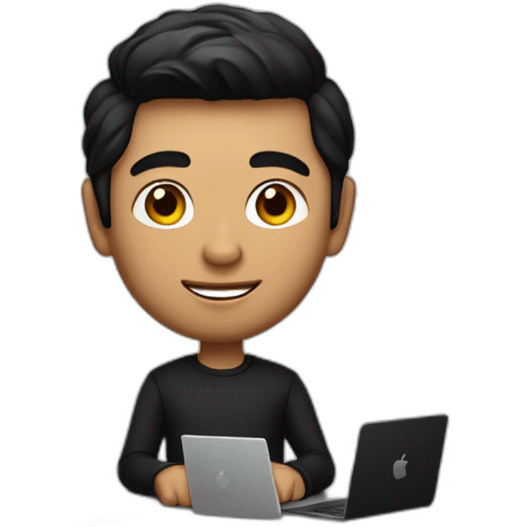 memoji of a man with a laptop in front, apple-style,modern,dark hair,black sweater,computer in hand, srilankan, he site on a desk emoji