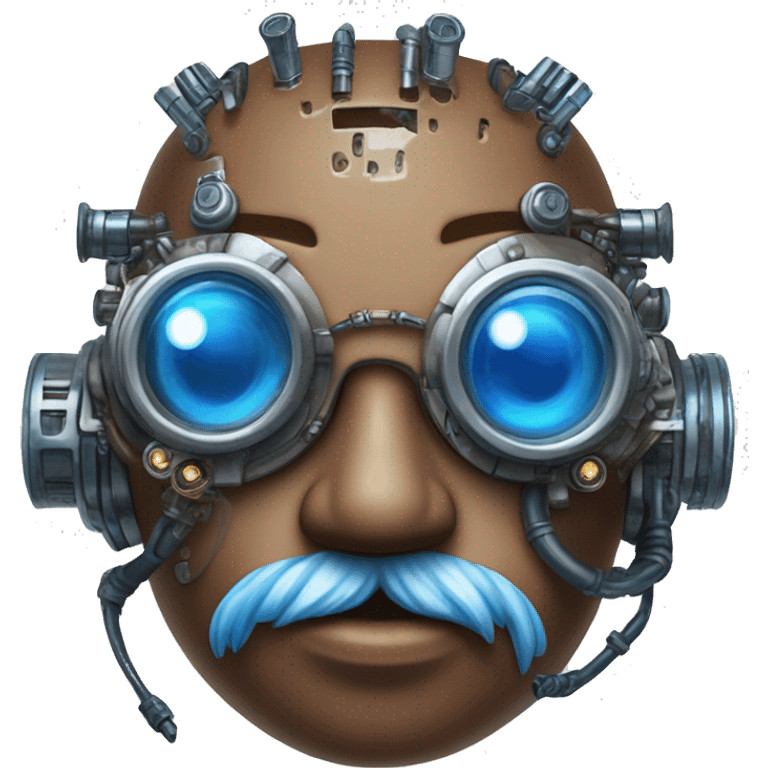 Brown cyborg head with blue Mohawk, blue beard, silver steampunk monocle goggles a smile and circuits emoji