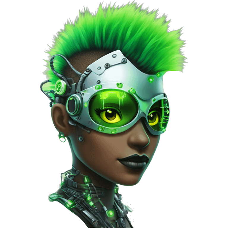 Neon green Mohawk hair female cyborg head with silver steampunk goggles and circuits emoji