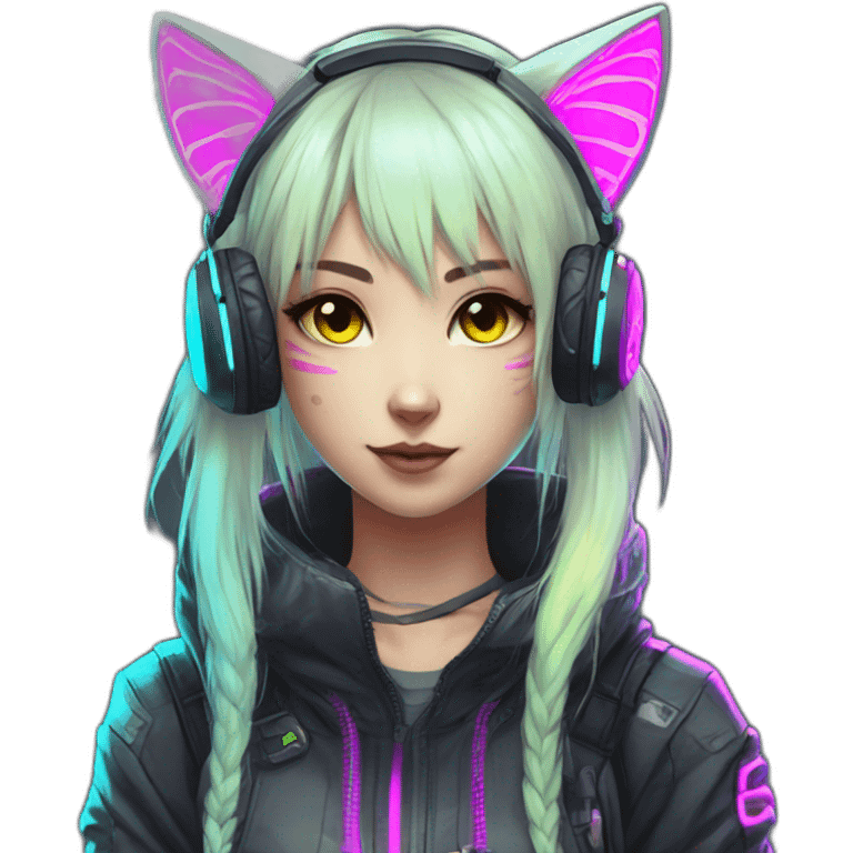 Anime cat gamer girl cyberpunk neon emoji