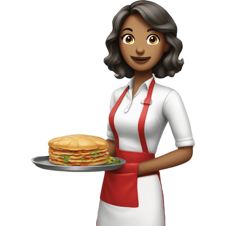 beautiful waitress in a red apron with a tray with food in a hand emoji