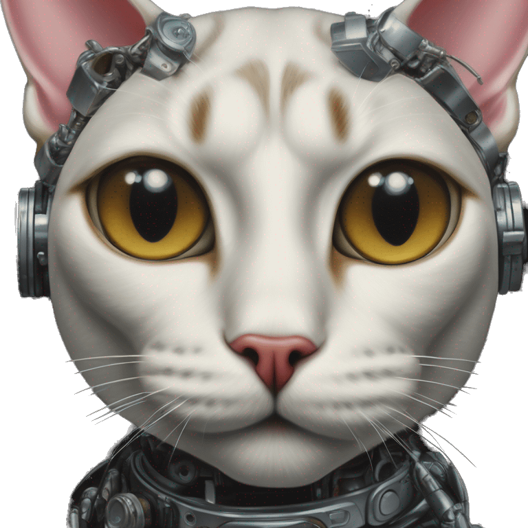 Cyborg cat in Gucci style, oil paint, mysterious eyes, intricate lips, masterpiece portrait , odd perspective, beautiful, desirable, logical emoji