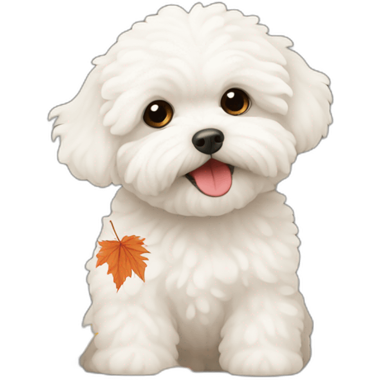 White maltipoo with autumn leaves emoji