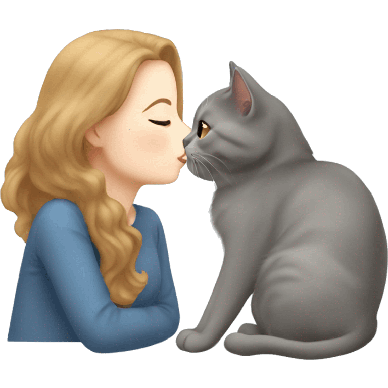 small British shorthair grey cat kissing brown long hair white woman emoji