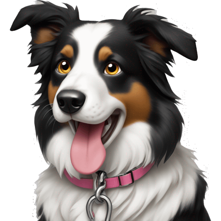 Border collie with tongue out on leash sitting down  emoji