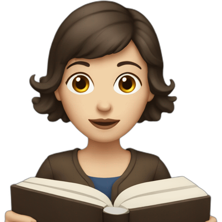 White woman with dark brown hair holding a book emoji