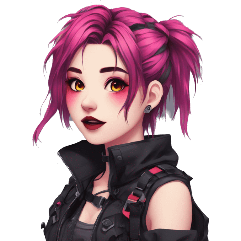 Gorgeous bright colorful neon gothic techwear anime style lady with blushing face aesthetic and pretty edgy black red punk messy hair with collar and harness trending style emoji