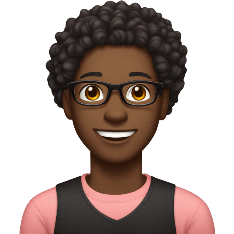 Black man, smiling, curly black hair, with black shirt, no glasses. Light skinned woman, medium curly hair, smiling, light pink shirt, black glasses emoji