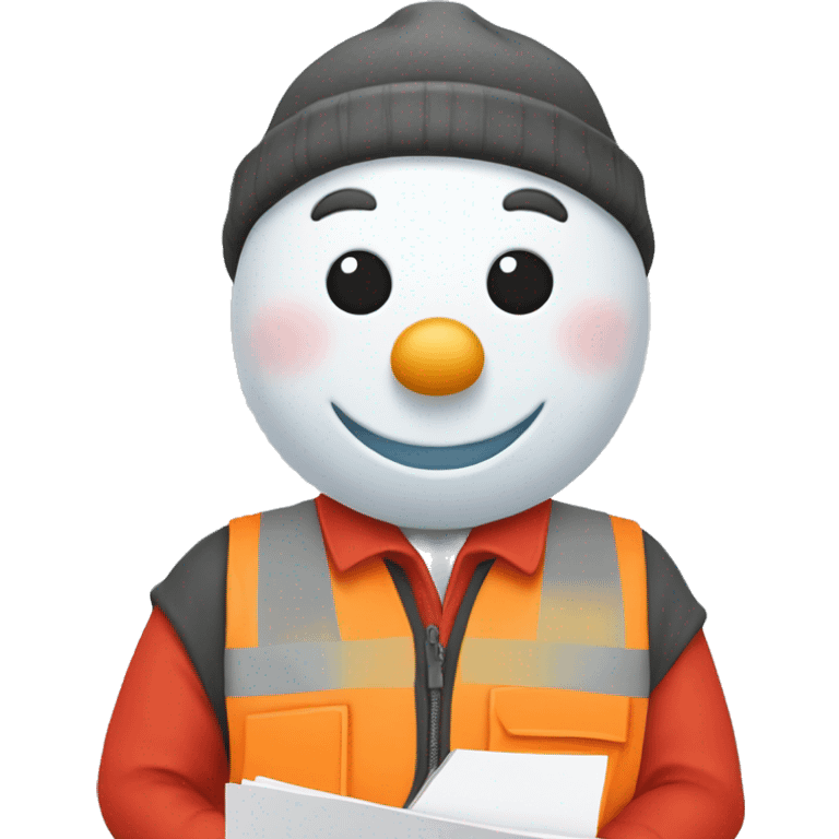 snowman holding construction documents with red shirt and orange vest emoji