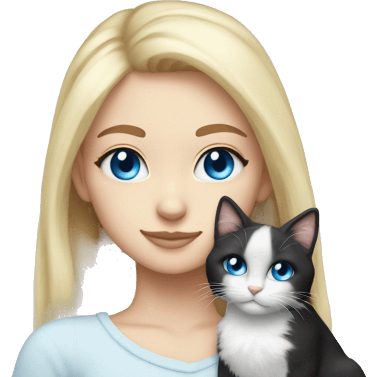 Blonde girl blue eyes snuggling fluffy black and white tuxie cat emoji