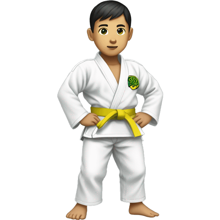 Full body Asian boy with broccoli haircut wearing jiujitsu gi with a yellow belt  emoji