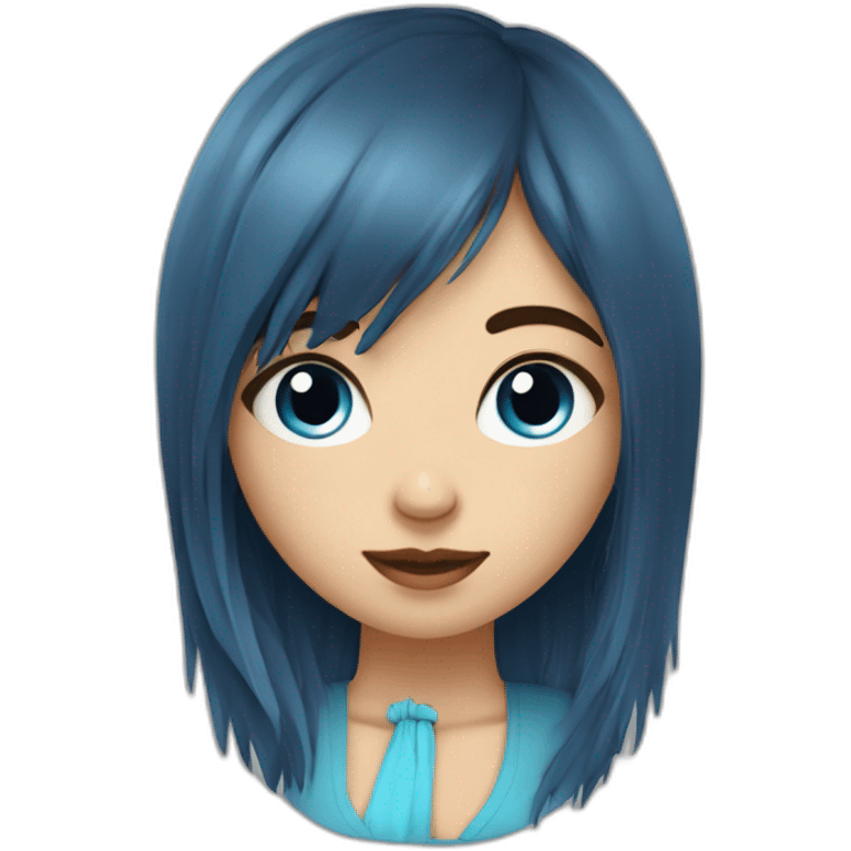 Fille aux yeux bleu brune avec une frange cheuveux long emoji