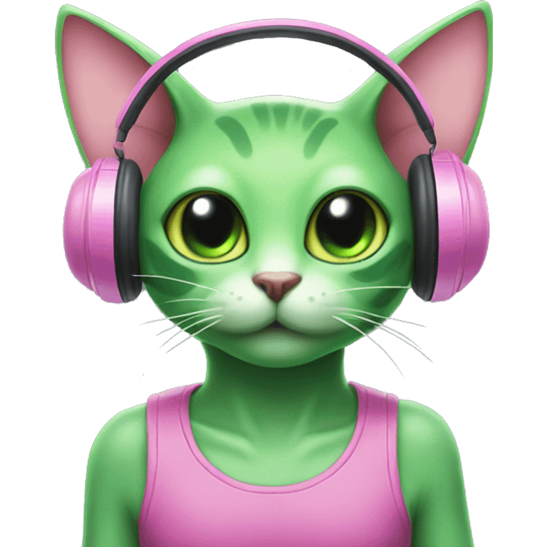 green alien cat in pink headset with cat ears emoji