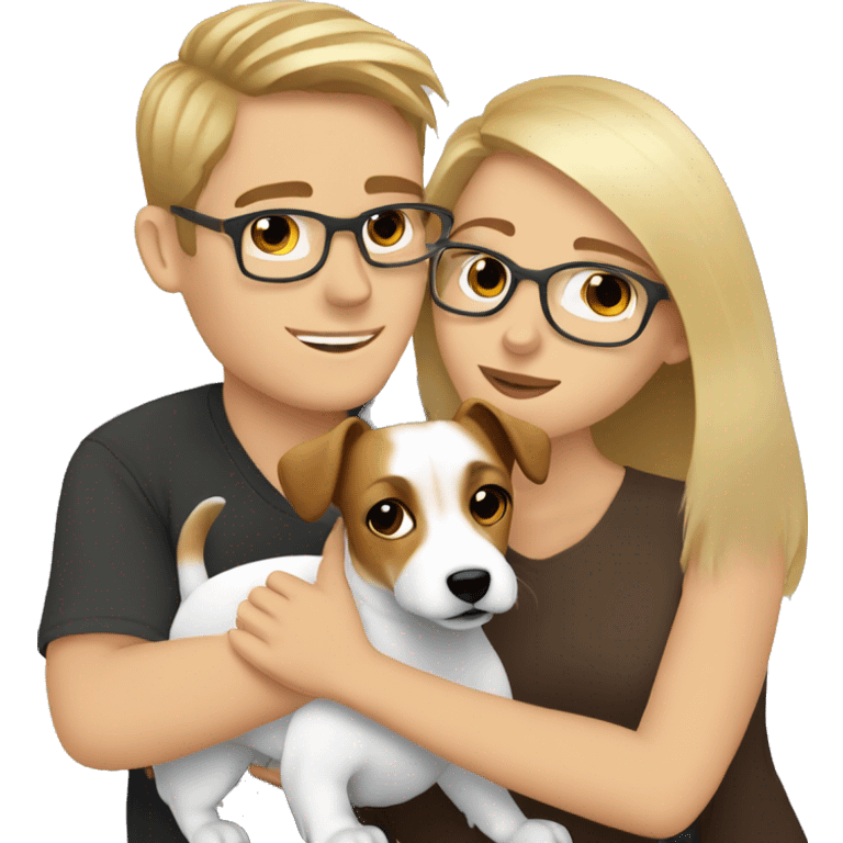 Blonde girl and her white boyfriend with brown hair and glasses cuddling a jack Russell  emoji