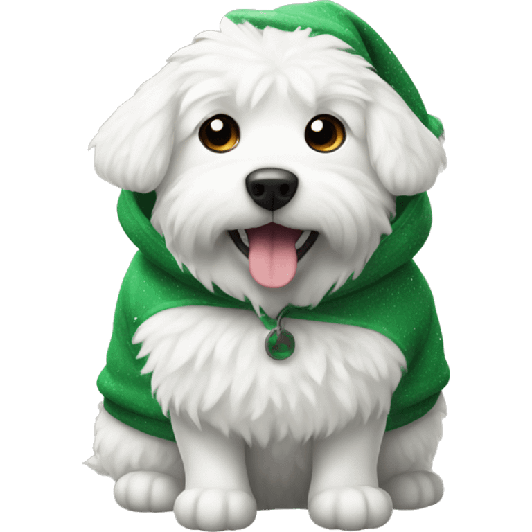 white fluffy dog wearing a christmas hoodie emoji