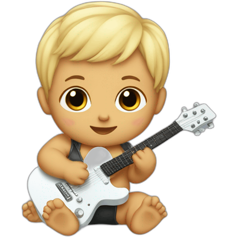 a 1-year-old baby, blond and with little hair, in diapers, playing a mini guitar emoji