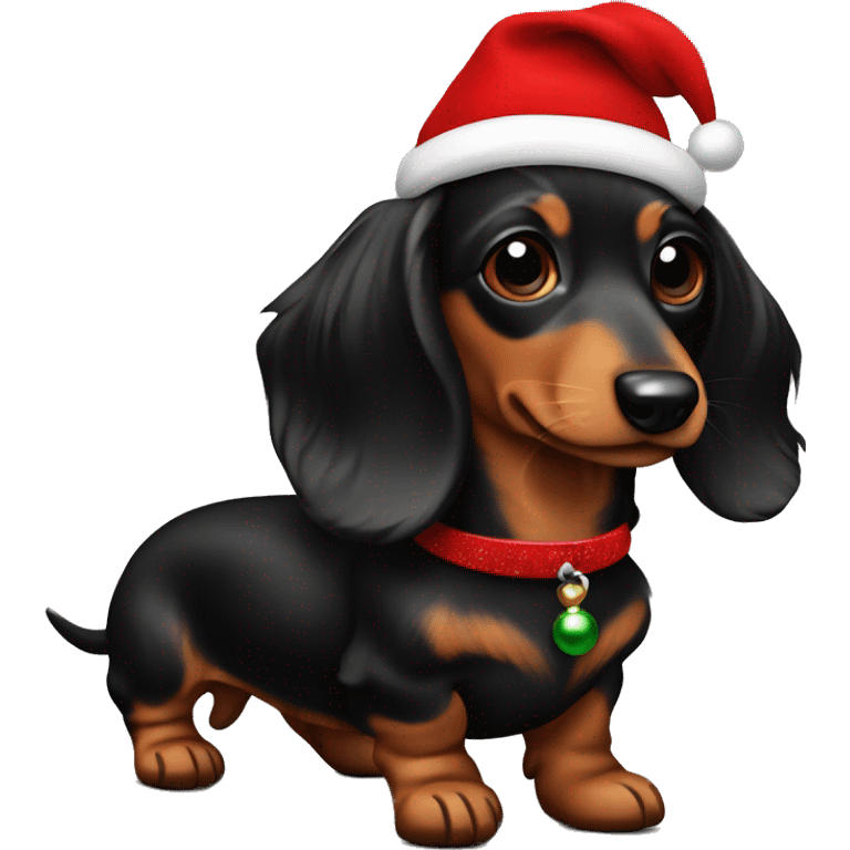 Mini long haired dachshund black and brown colors with Christmas outfit on  emoji