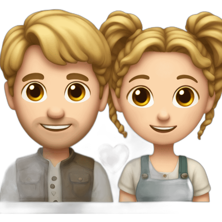 White Man loves woman with pigtails, heart between them emoji