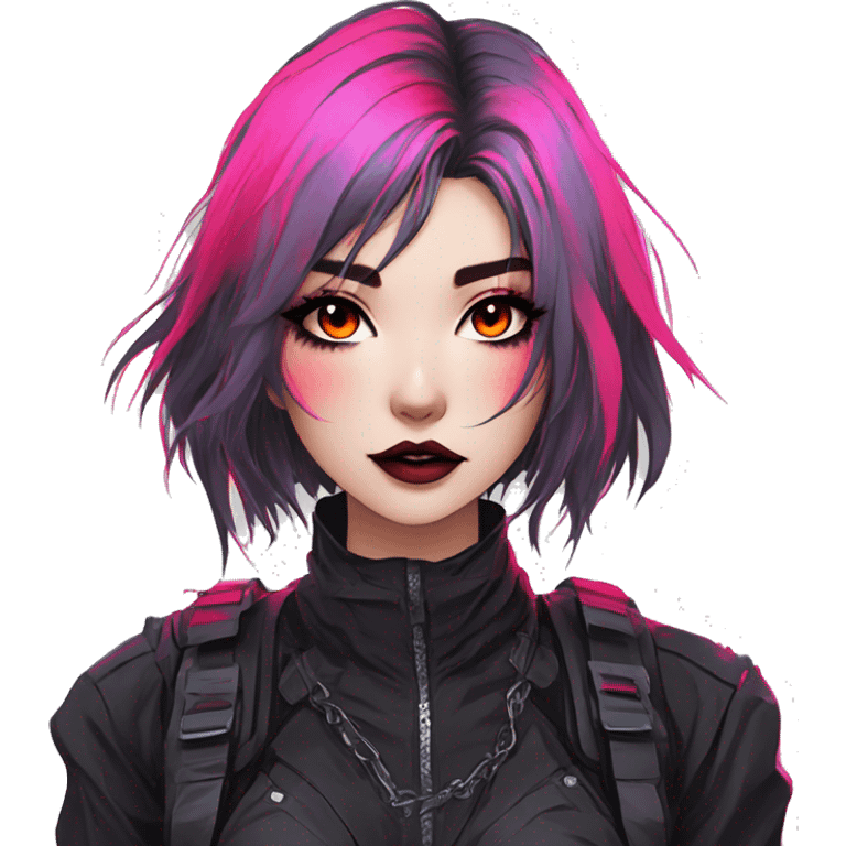 Gorgeous bright colorful neon gothic techwear anime style lady with blushing face aesthetic and pretty edgy black red punk messy hair with collar and harness trending style emoji