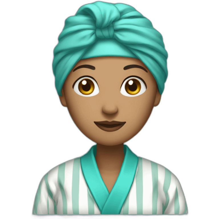 Woman wearing pinstripe bathrobe with turquoise turban emoji