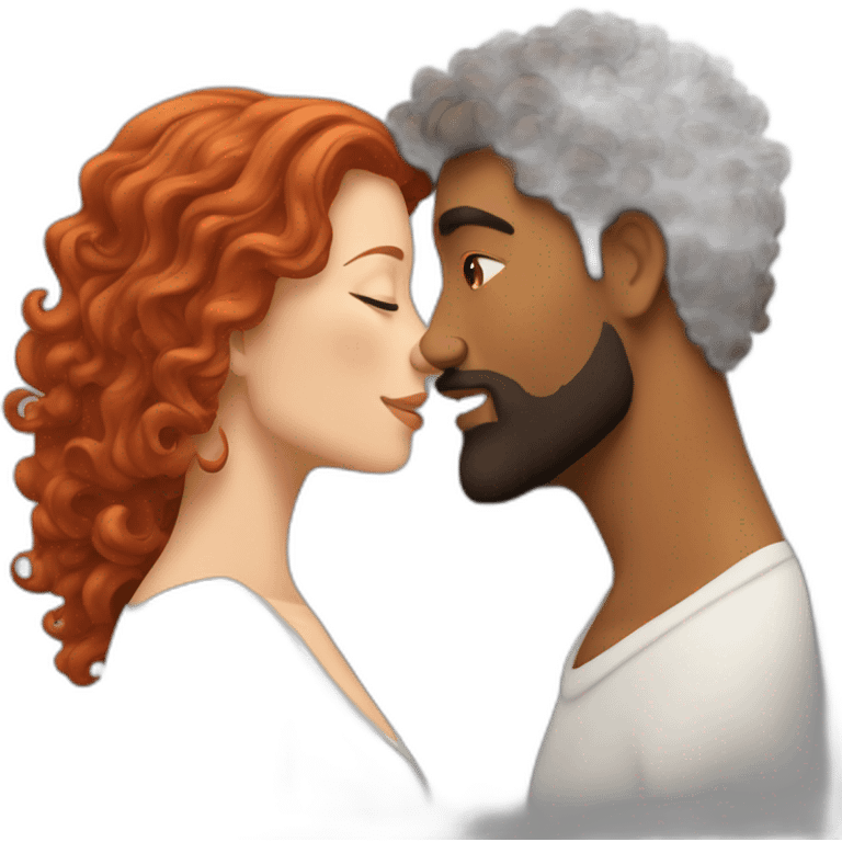 Brown man with a smooth hair cut fade and a beard kissing a White woman with long red curly hair emoji