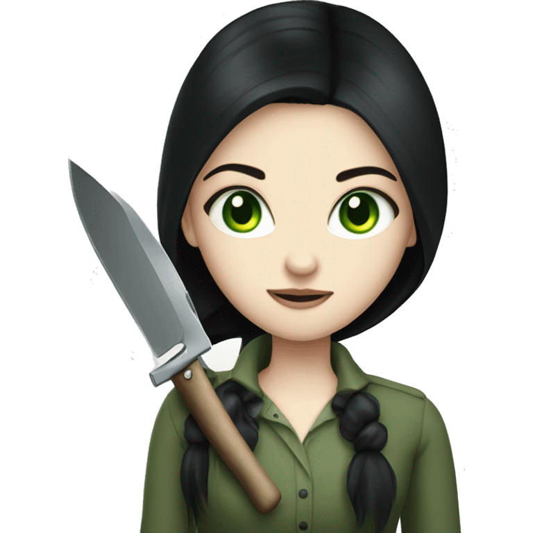 Long black hair girl pale skin green eyes with knife emoji