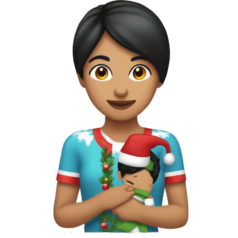 Hispanic female with short black straight hair holding little boys hand at Christmas parade  emoji