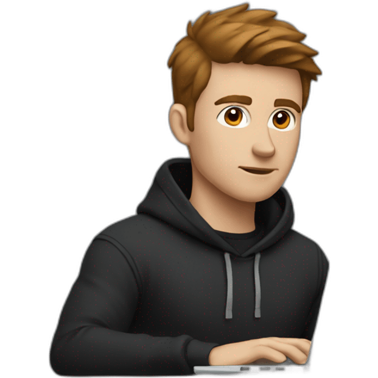 a focused white man, wearing a black hoodie, with brown hair, behind a laptop screen emoji