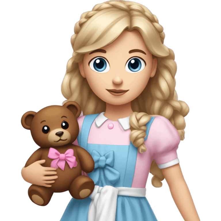 Little white girl with blue eyes and bronze hair in two ponytails with two bows. A pink pacificer in her mouth. She is wearing a pink and White dress and holding a teddybear. emoji