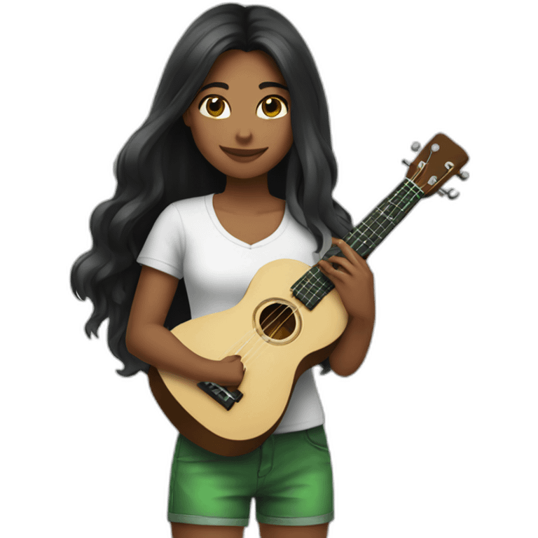 black-long-haired-fair-skin-girl-with-white-tshirt-and-green-colored-ukulele emoji