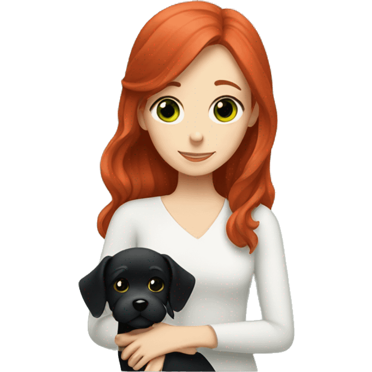 red-haired girl with green eyes hugs a maltese black dog emoji